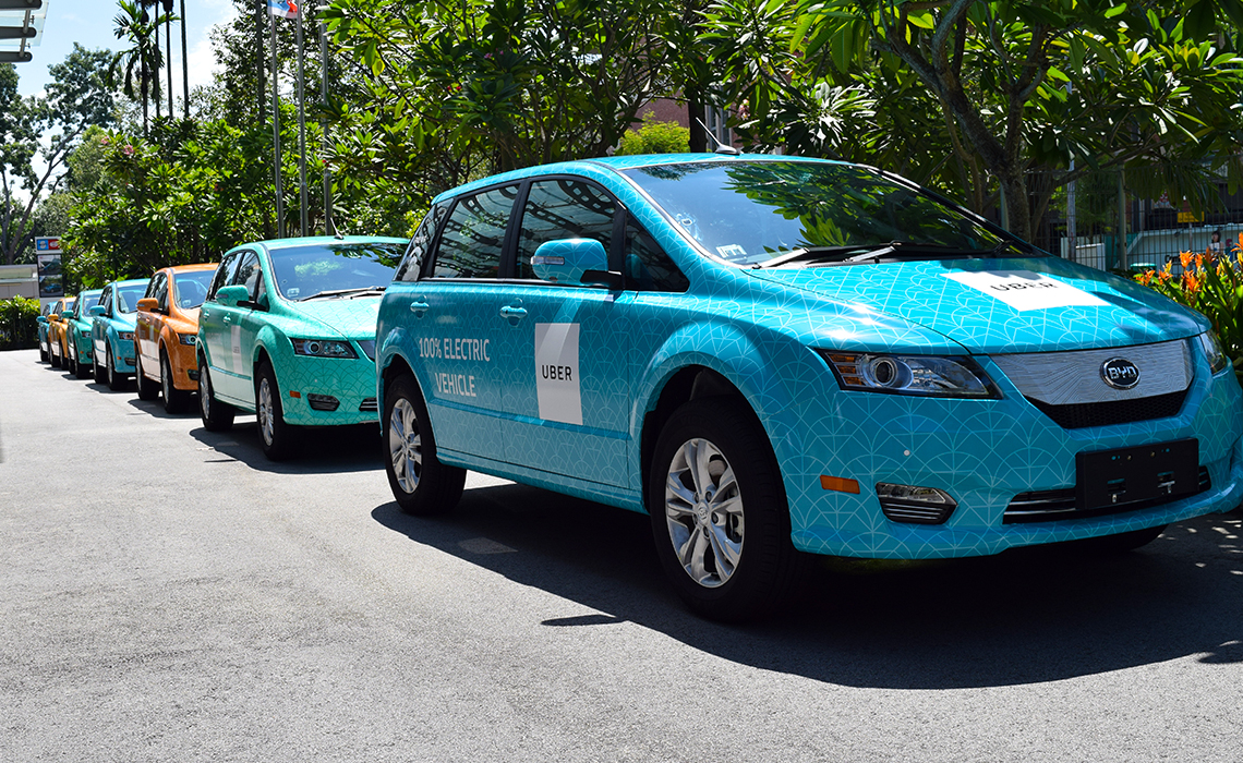 Fleet of S Dreams' All-electric taxis, operated by Uber in Singapore